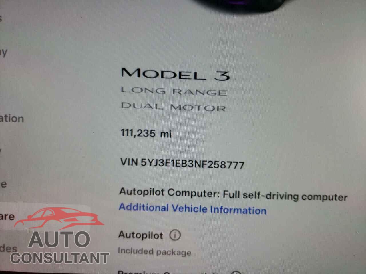 TESLA MODEL 3 2022 - 5YJ3E1EB3NF258777