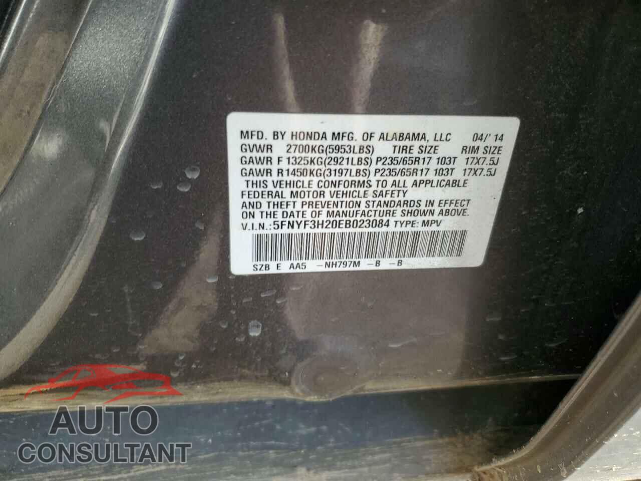 HONDA PILOT 2014 - 5FNYF3H20EB023084