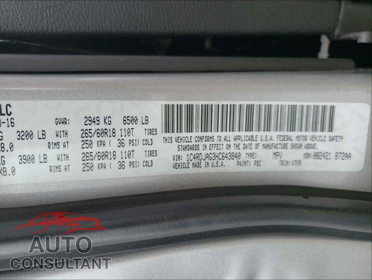 DODGE DURANGO 2017 - 1C4RDJAG3HC643840
