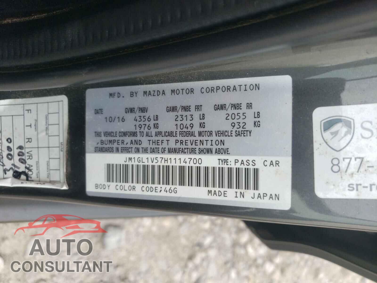MAZDA 6 2017 - JM1GL1V57H1114700