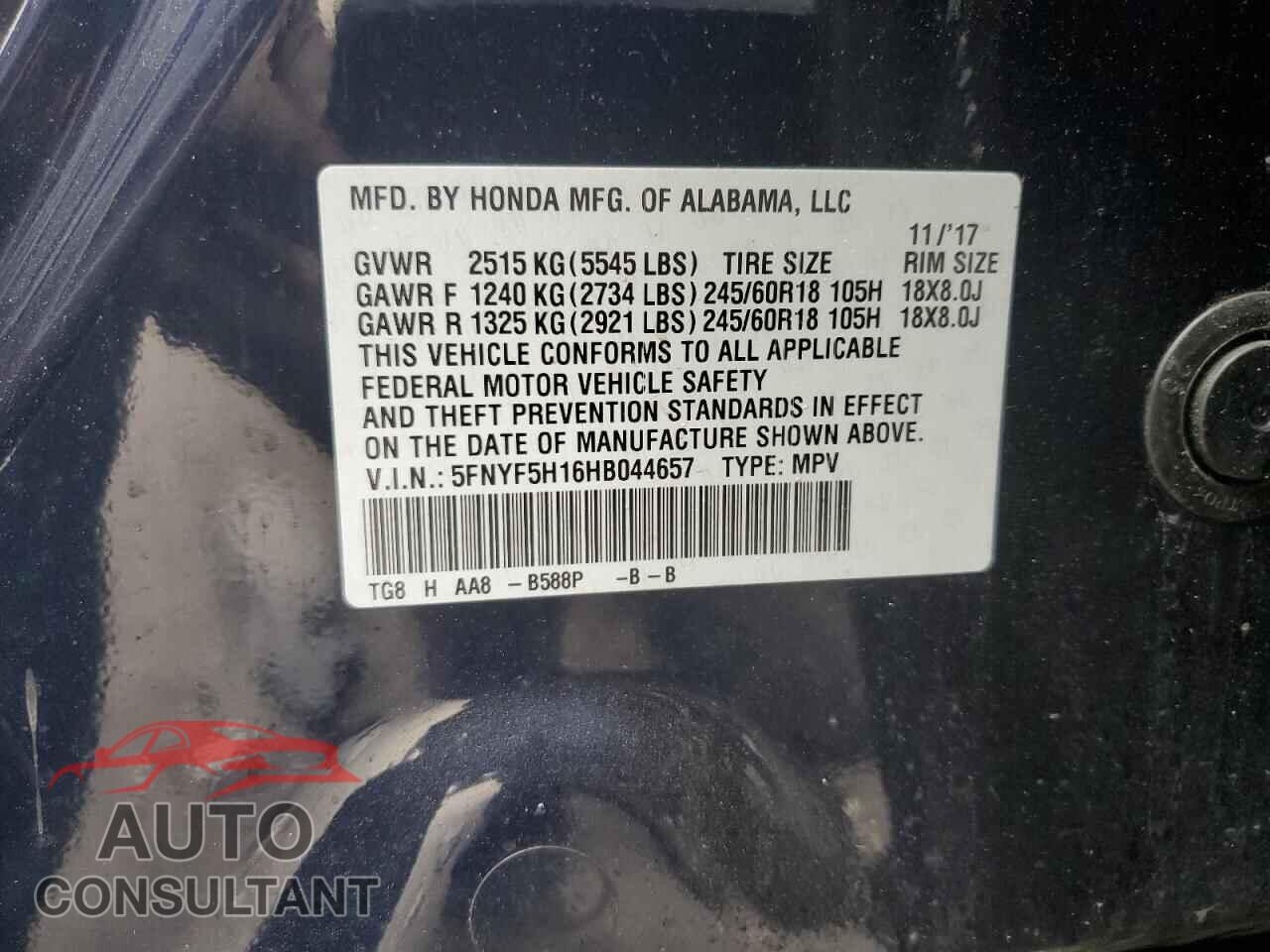HONDA PILOT 2017 - 5FNYF5H16HB044657