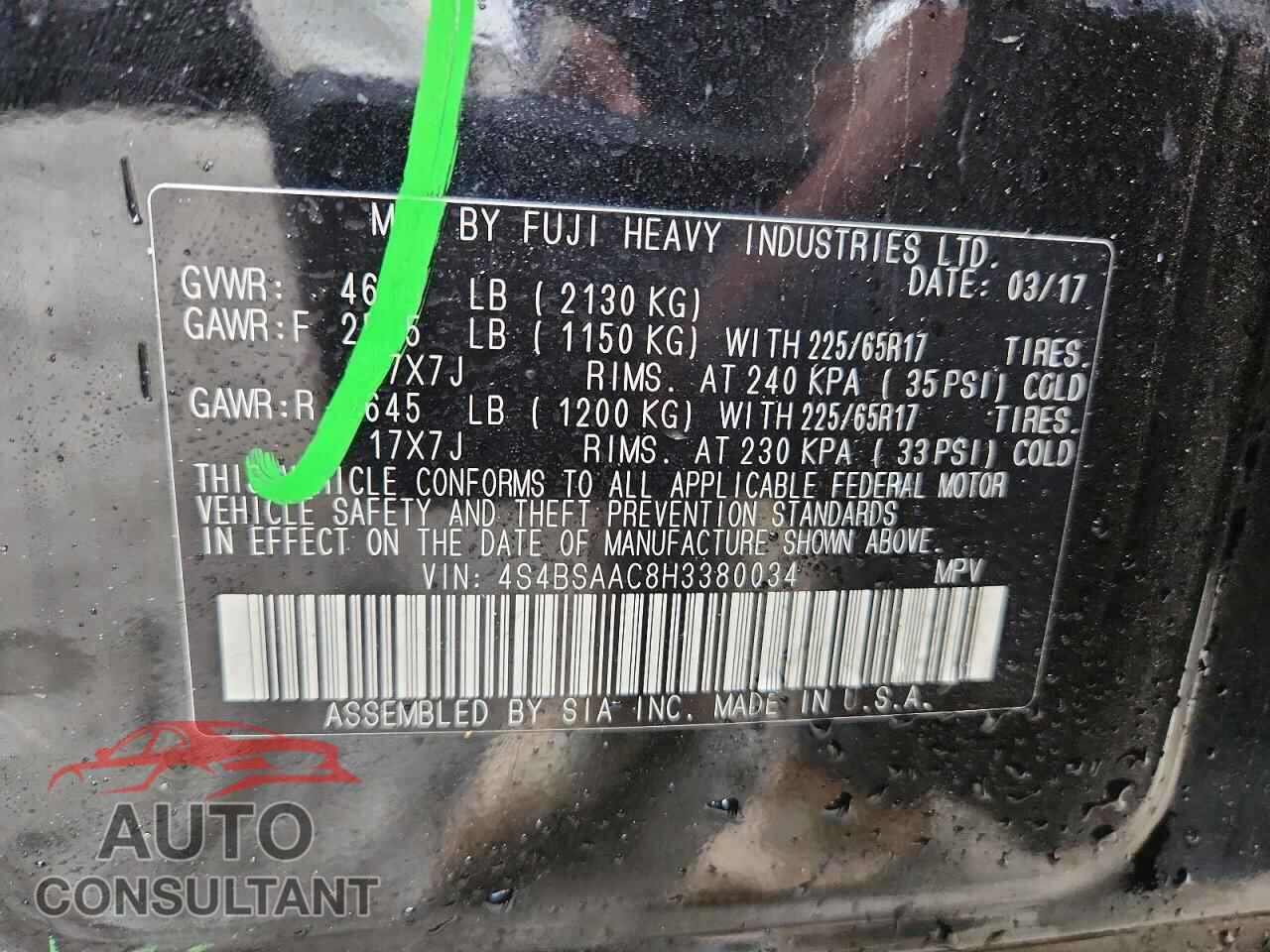 SUBARU OUTBACK 2017 - 4S4BSAAC8H3380034