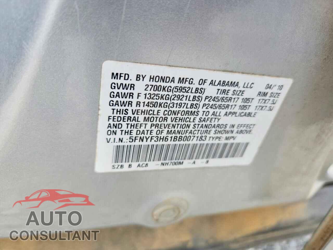 HONDA PILOT 2011 - 5FNYF3H61BB007183