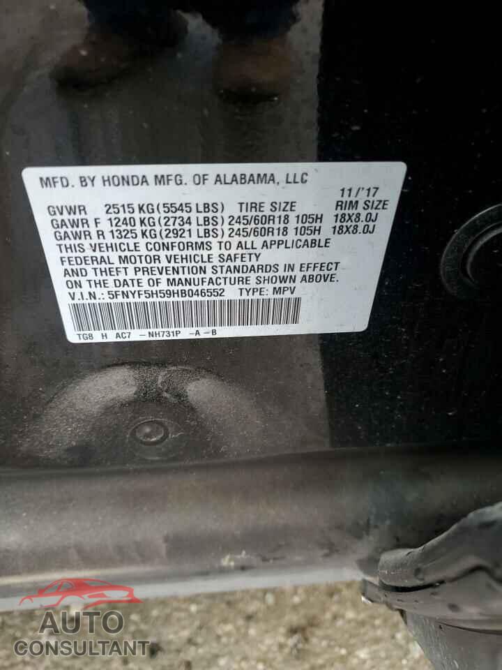 HONDA PILOT 2017 - 5FNYF5H59HB046552