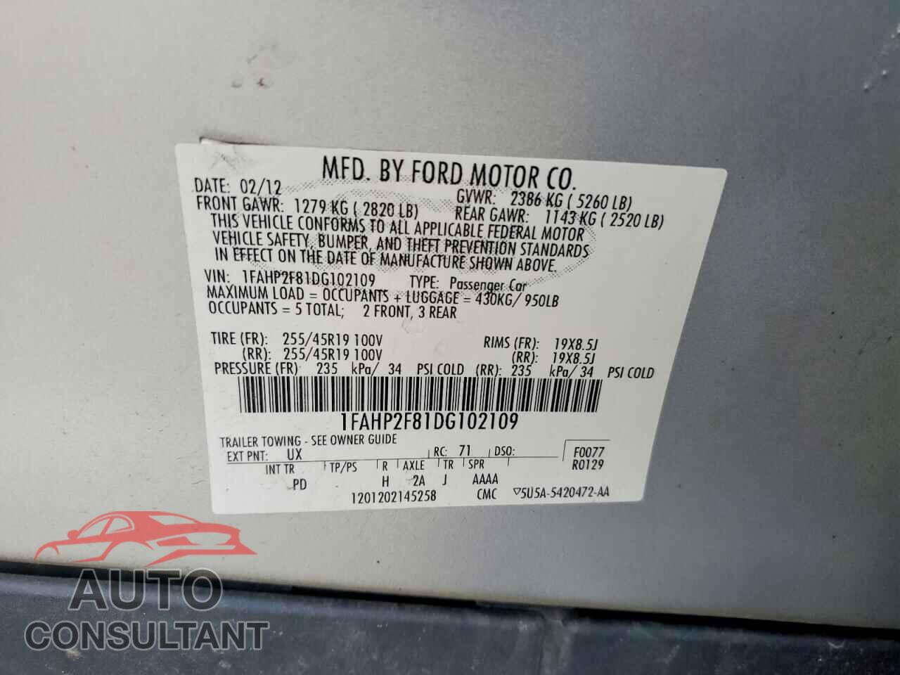 FORD TAURUS 2013 - 1FAHP2F81DG102109