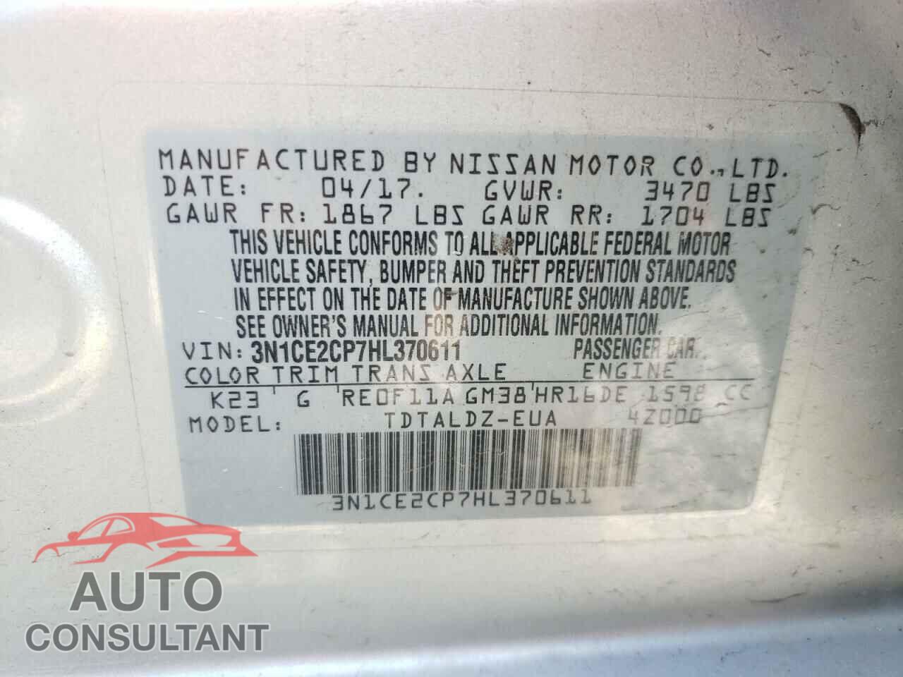 NISSAN VERSA 2017 - 3N1CE2CP7HL370611