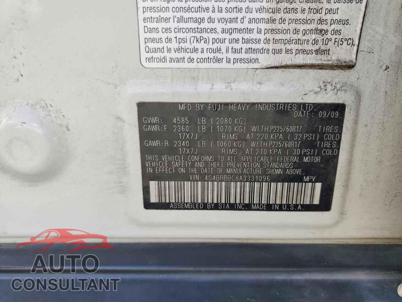 SUBARU OUTBACK 2010 - 4S4BRBBC8A3331096