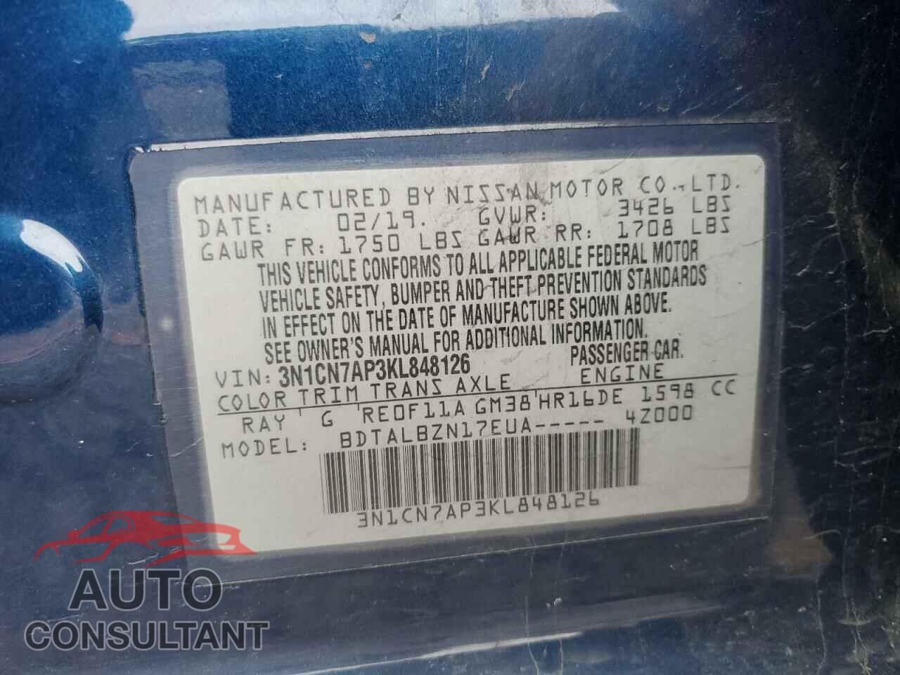 NISSAN VERSA 2019 - 3N1CN7AP3KL848126