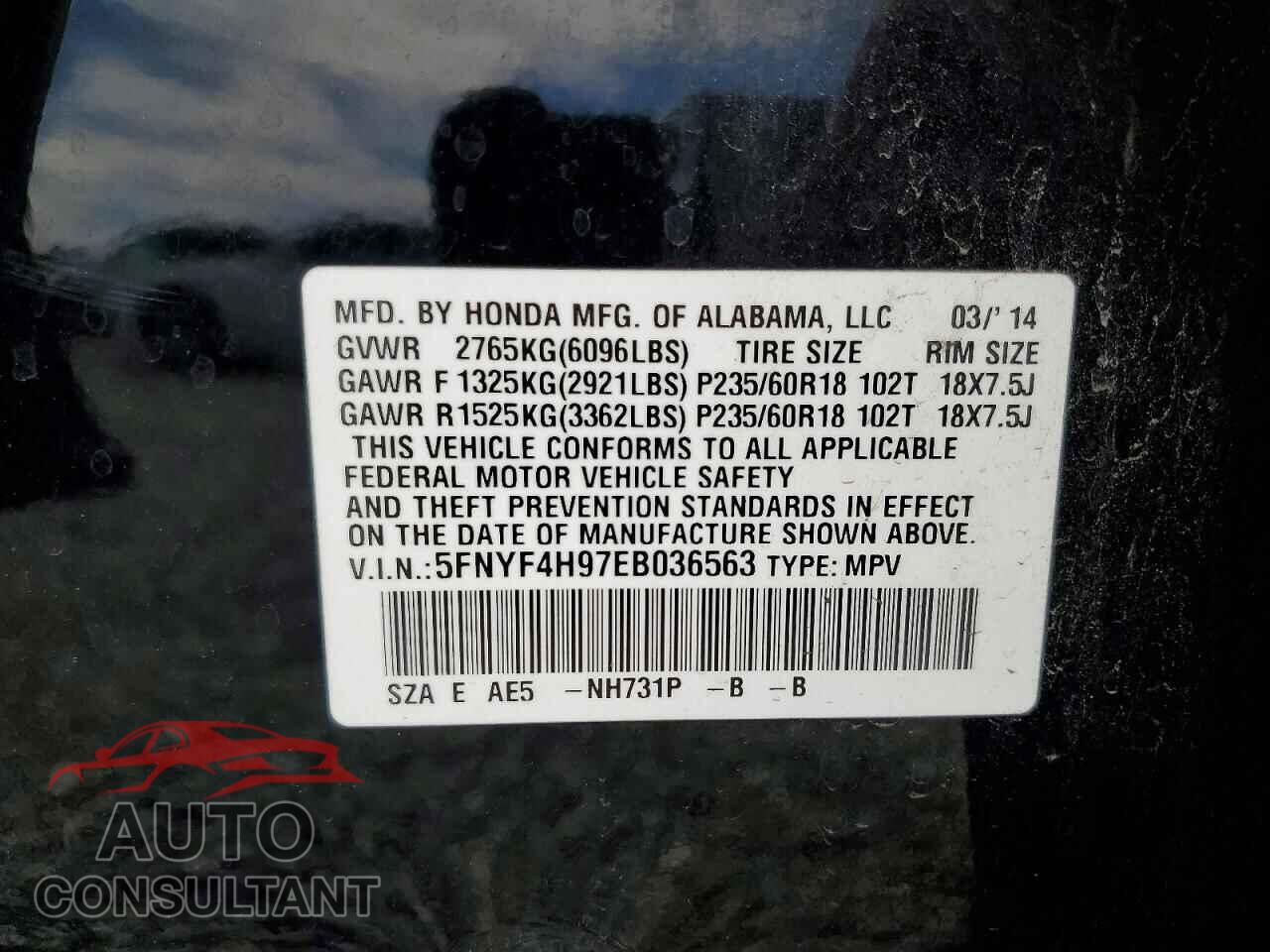 HONDA PILOT 2014 - 5FNYF4H97EB036563