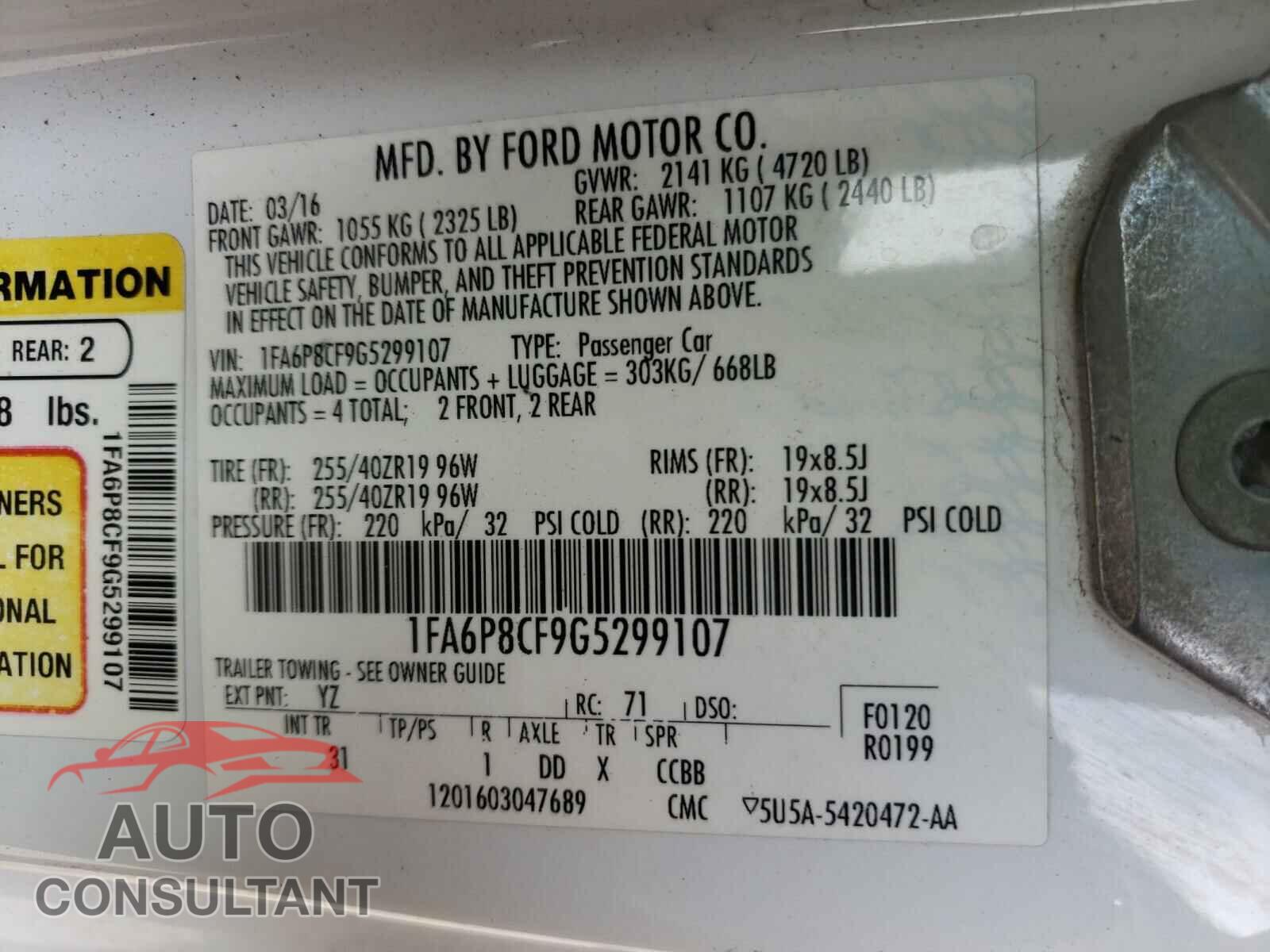 FORD MUSTANG 2016 - 1FA6P8CF9G5299107