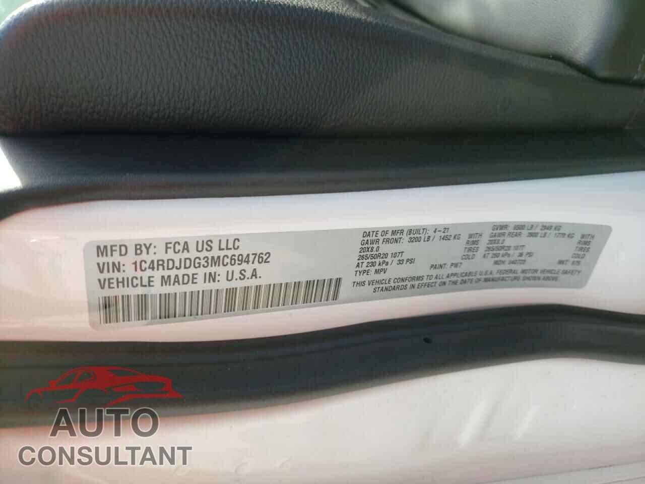 DODGE DURANGO 2021 - 1C4RDJDG3MC694762