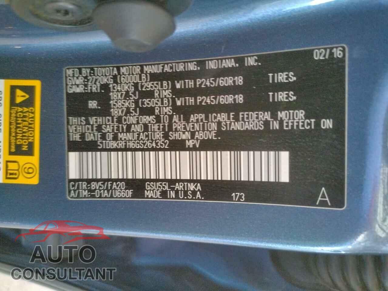 TOYOTA HIGHLANDER 2016 - 5TDBKRFH6GS264352