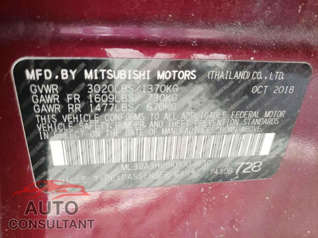 MITSUBISHI MIRAGE 2019 - ML32A3HJ8KH003630
