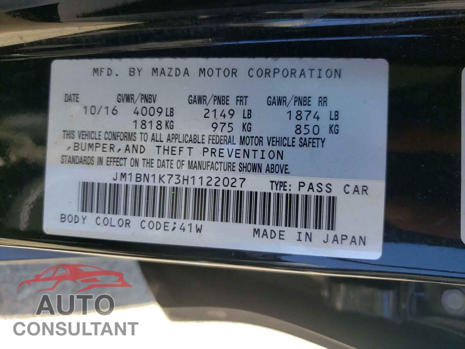 MAZDA 3 2017 - JM1BN1K73H1122027