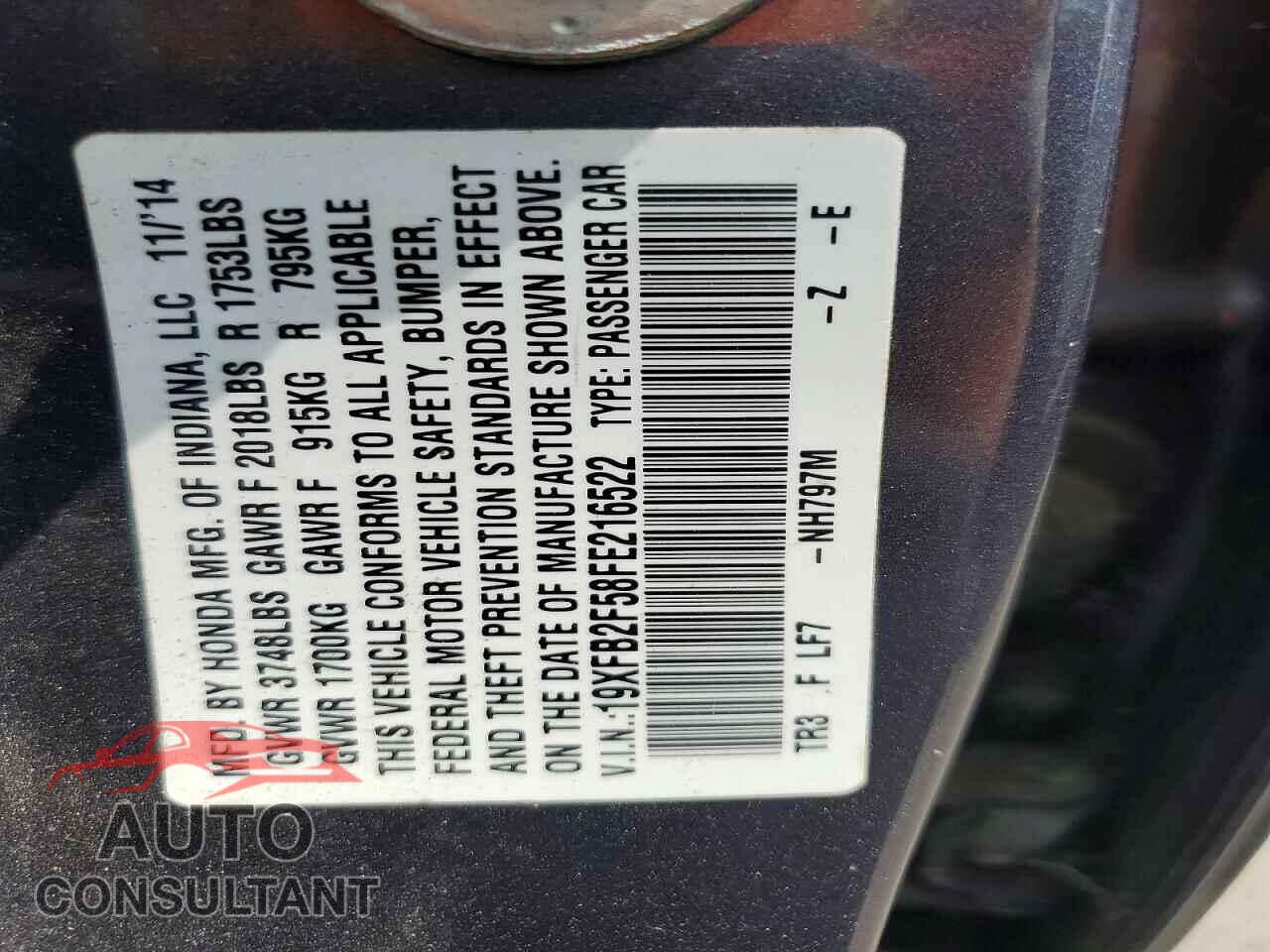 HONDA CIVIC 2015 - 19XFB2F58FE216522