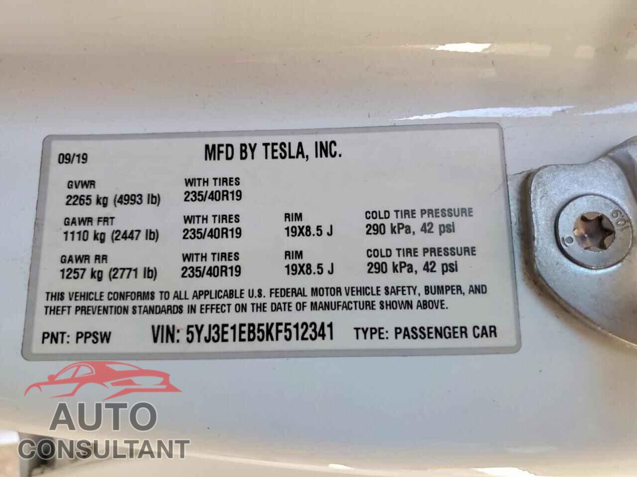 TESLA MODEL 3 2019 - 5YJ3E1EB5KF512341