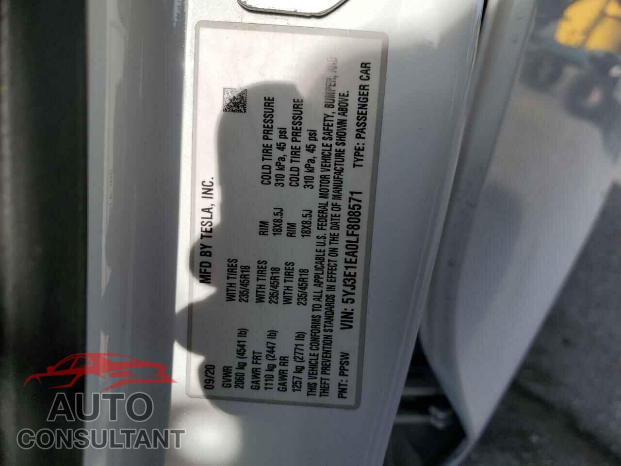 TESLA MODEL 3 2020 - 5YJ3E1EA0LF808571