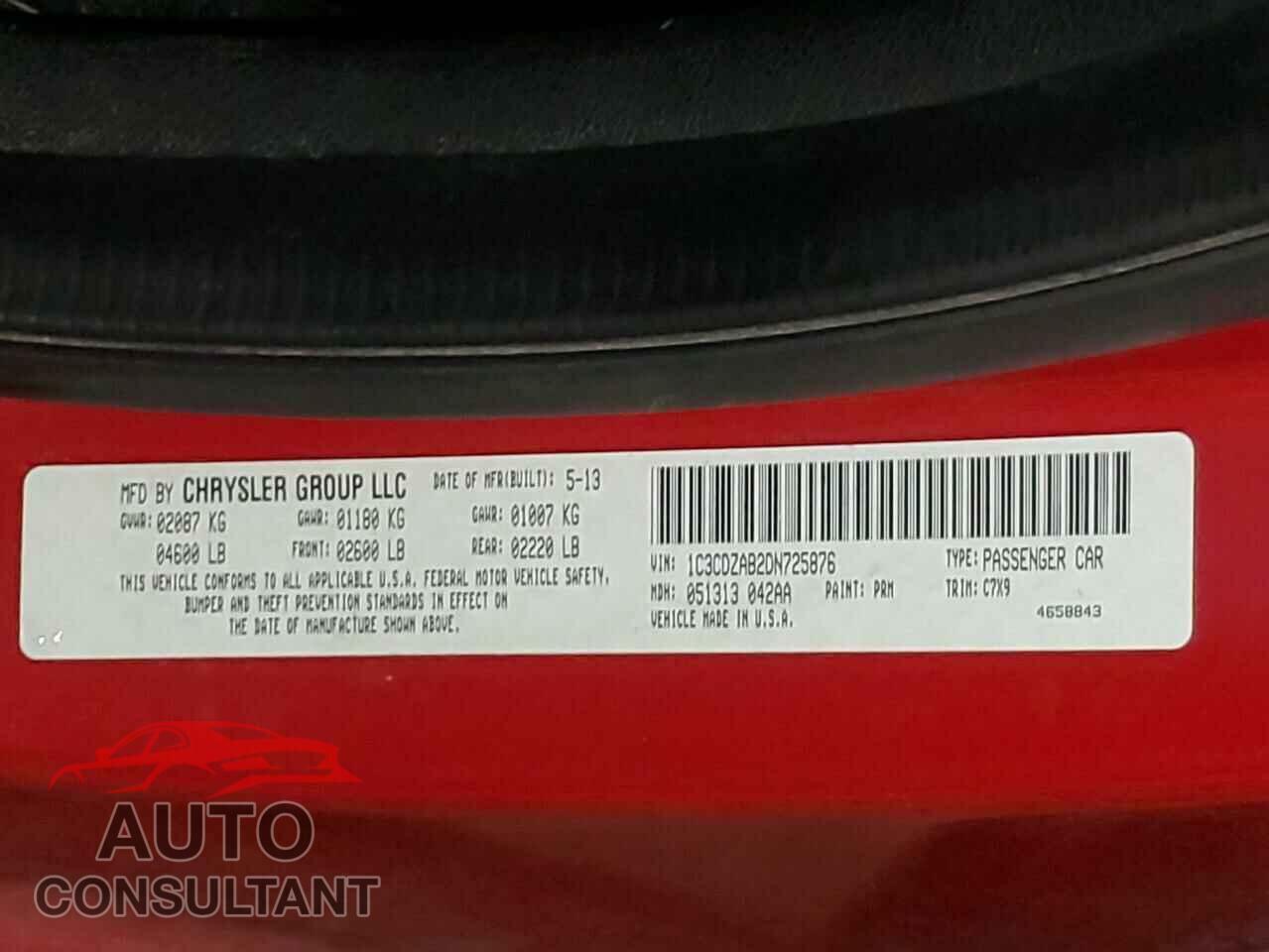 DODGE AVENGER 2013 - 1C3CDZAB2DN725876