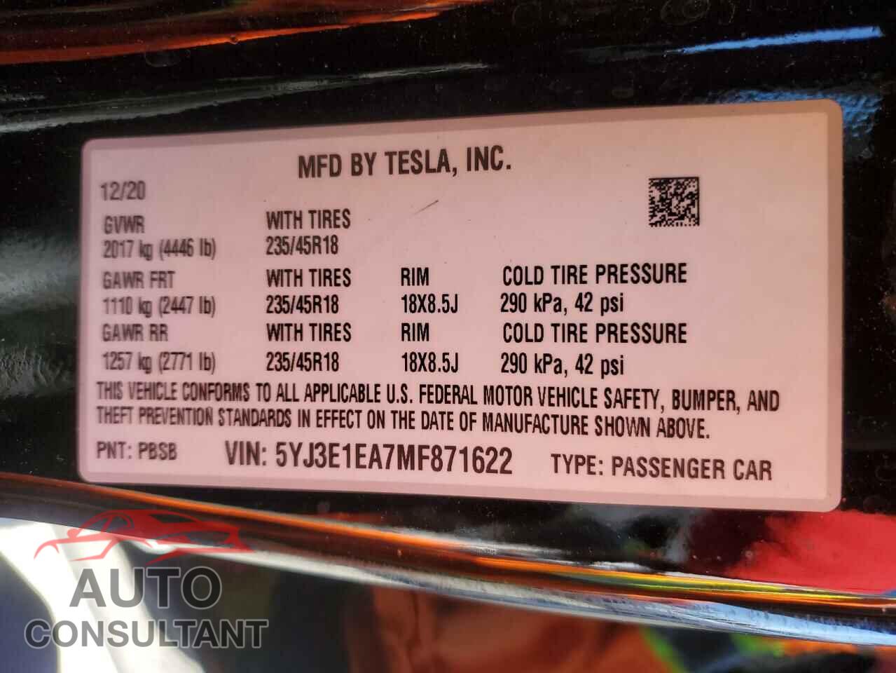 TESLA MODEL 3 2021 - 5YJ3E1EA7MF871622