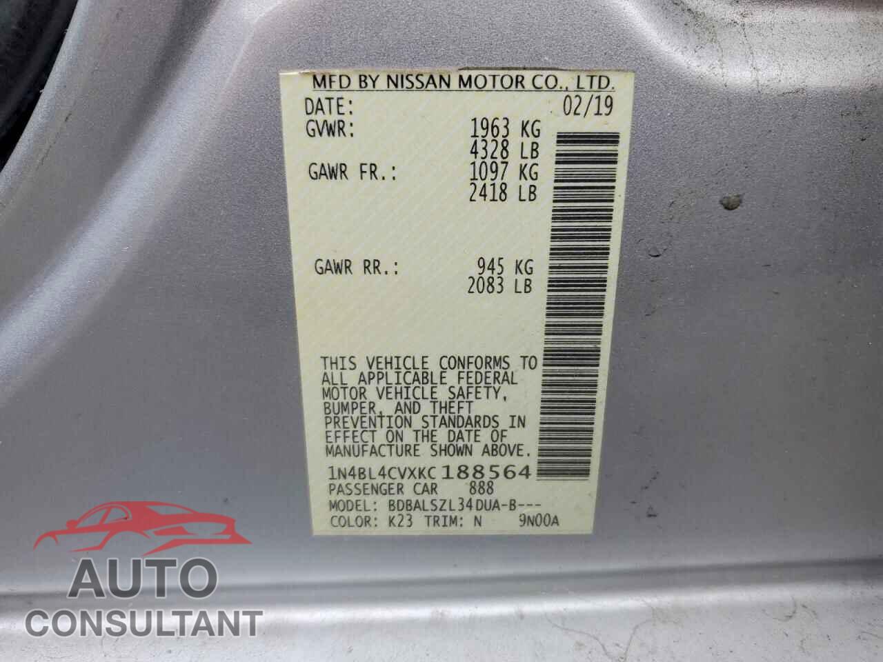 NISSAN ALTIMA 2019 - 1N4BL4CVXKC188564