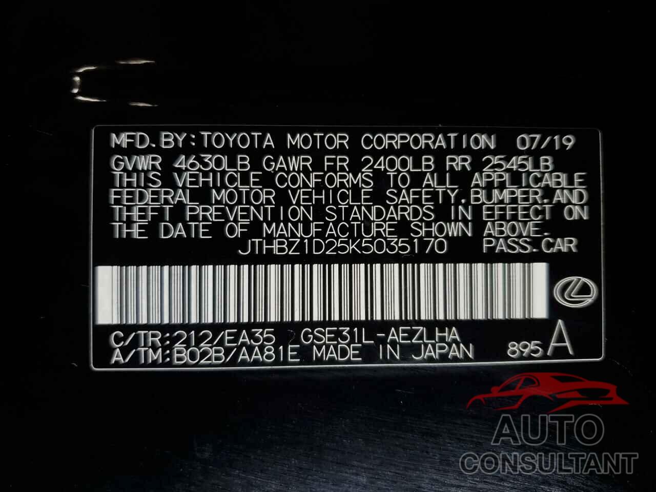 LEXUS IS 2019 - JTHBZ1D25K5035170