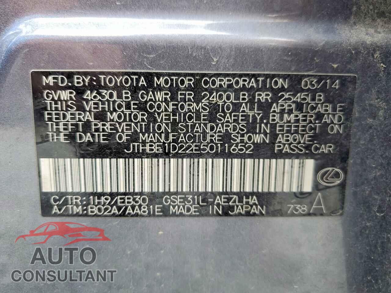 LEXUS IS 2014 - JTHBE1D22E5011652
