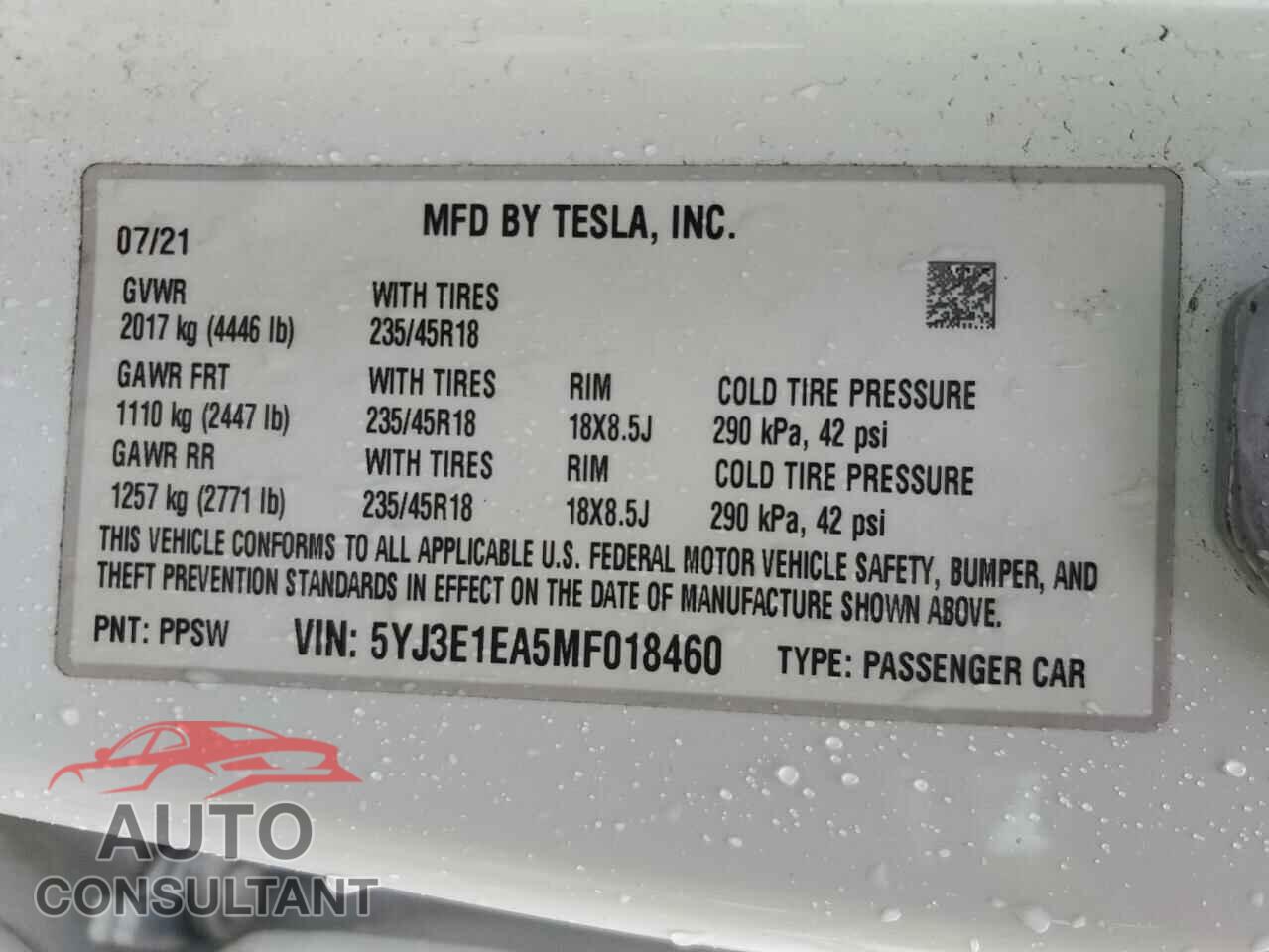 TESLA MODEL 3 2021 - 5YJ3E1EA5MF018460
