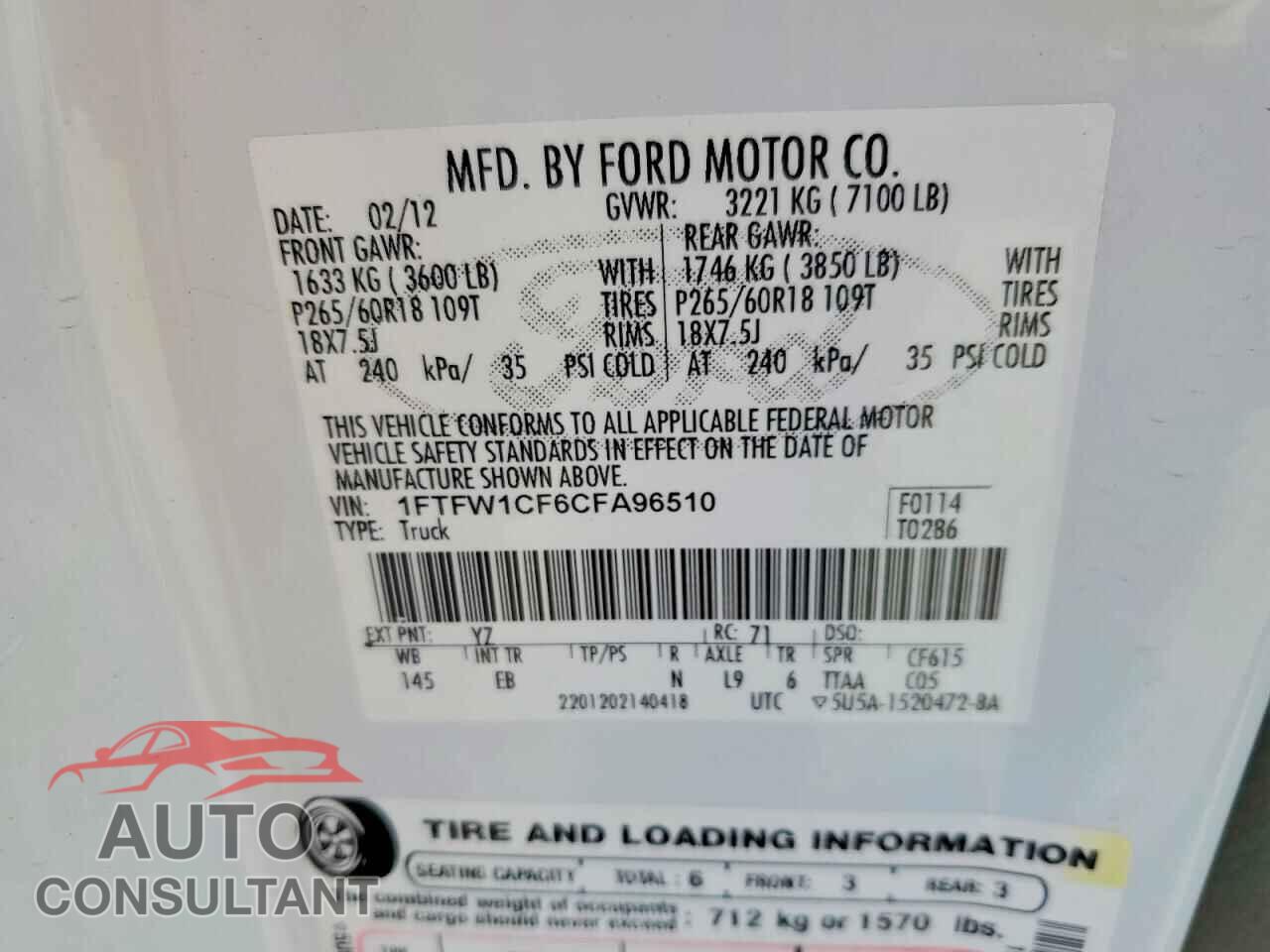 FORD F150 2012 - 1FTFW1CF6CFA96510