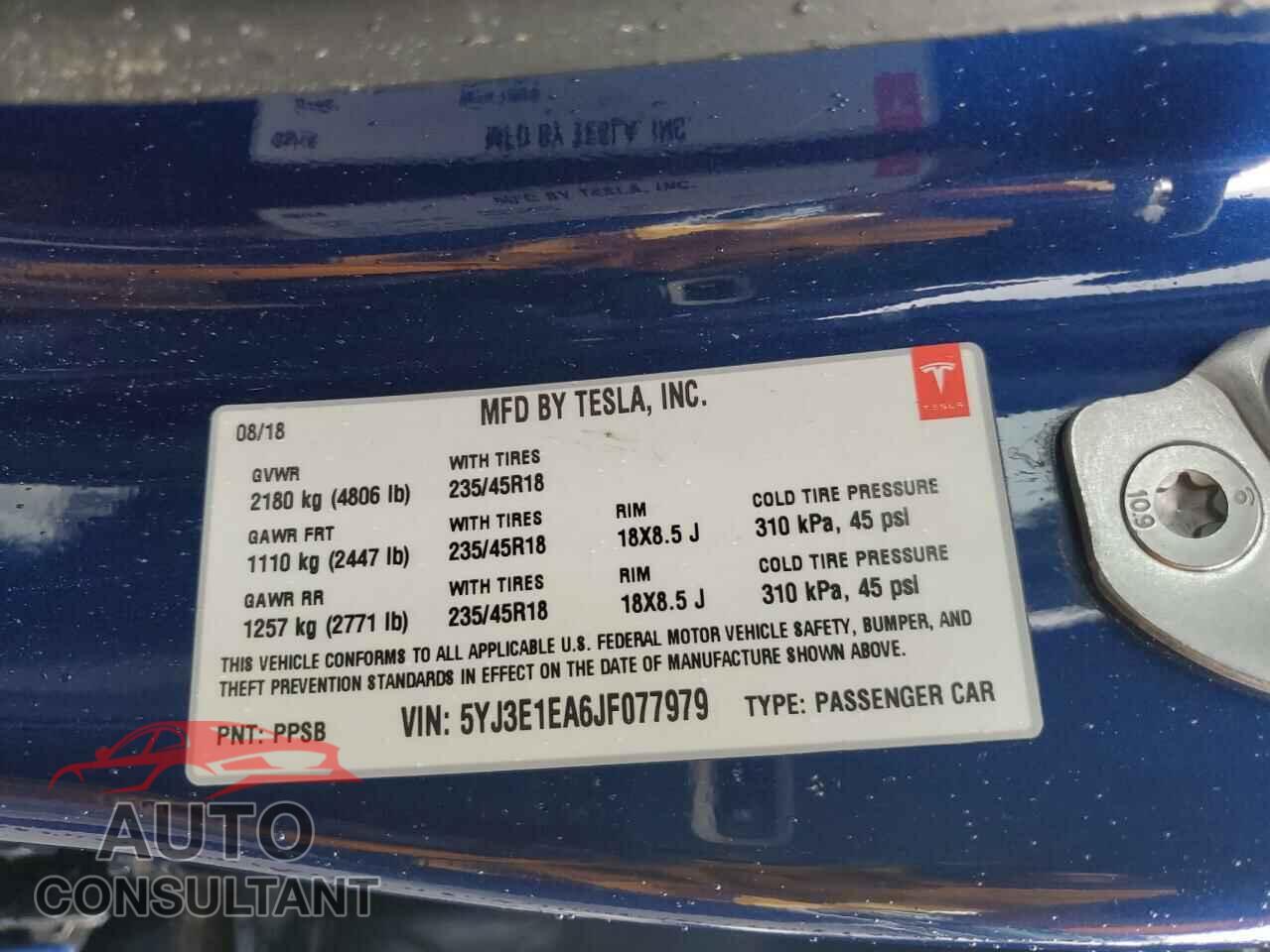 TESLA MODEL 3 2018 - 5YJ3E1EA6JF077979