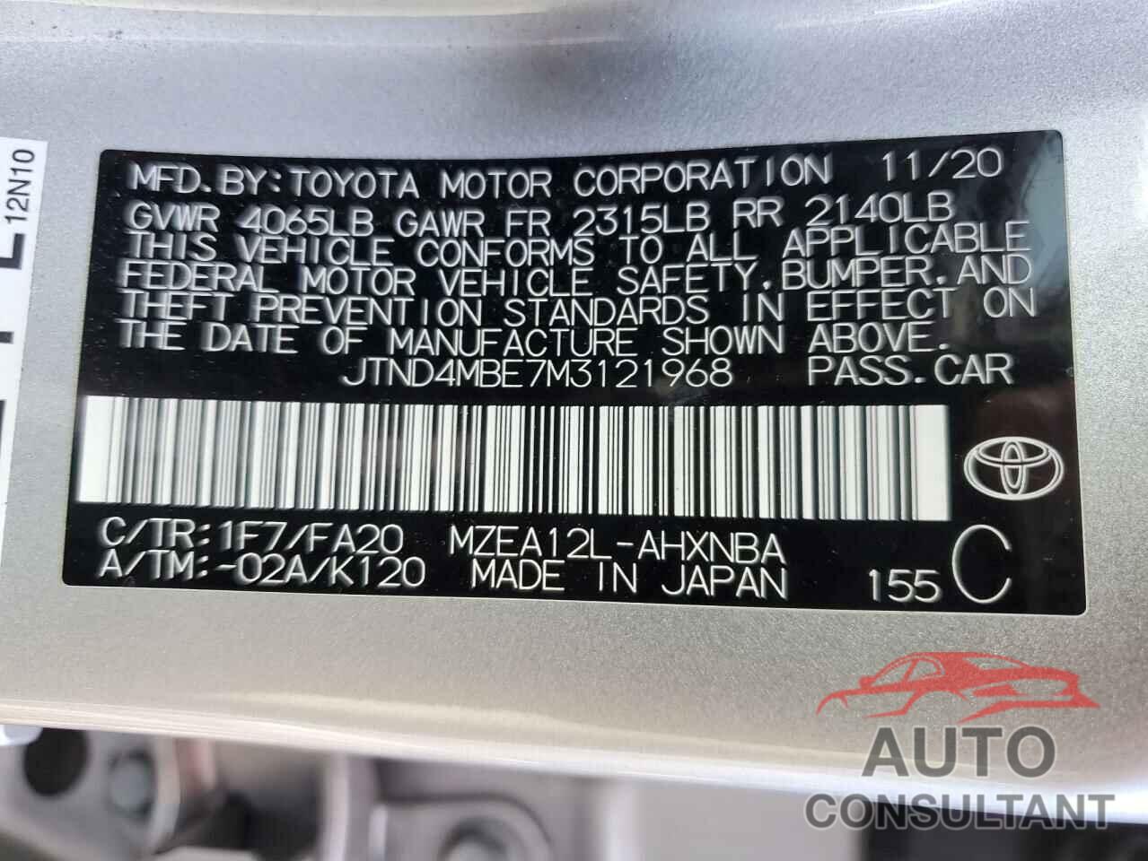 TOYOTA COROLLA 2021 - JTND4MBE7M3121968