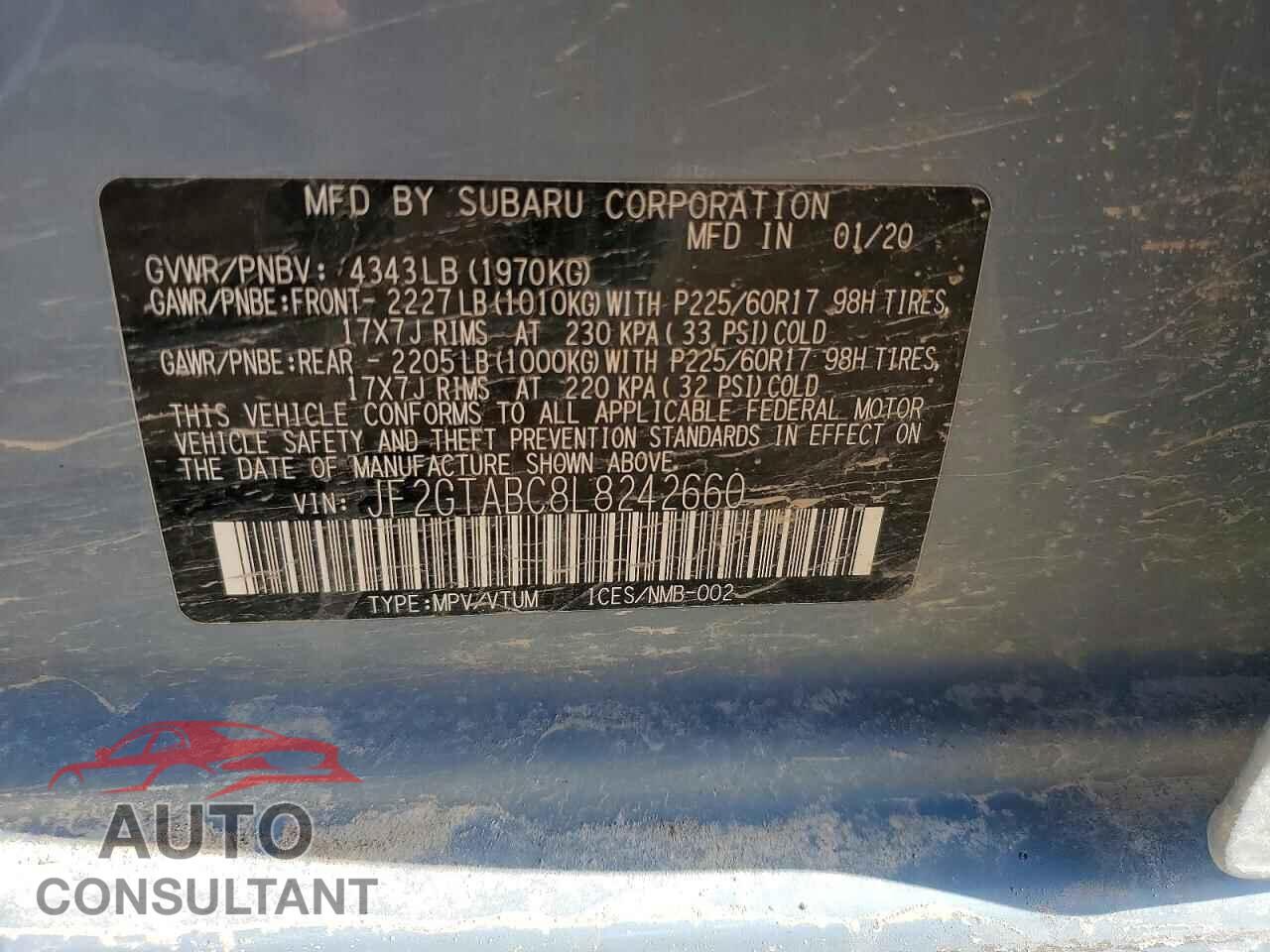 SUBARU CROSSTREK 2020 - JF2GTABC8L8242660