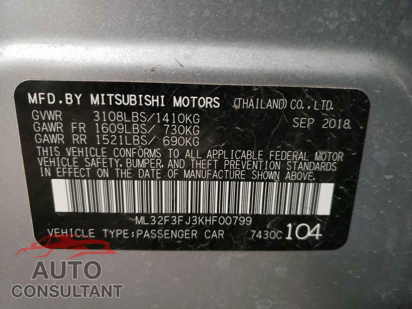 MITSUBISHI MIRAGE 2019 - ML32F3FJ3KHF00799