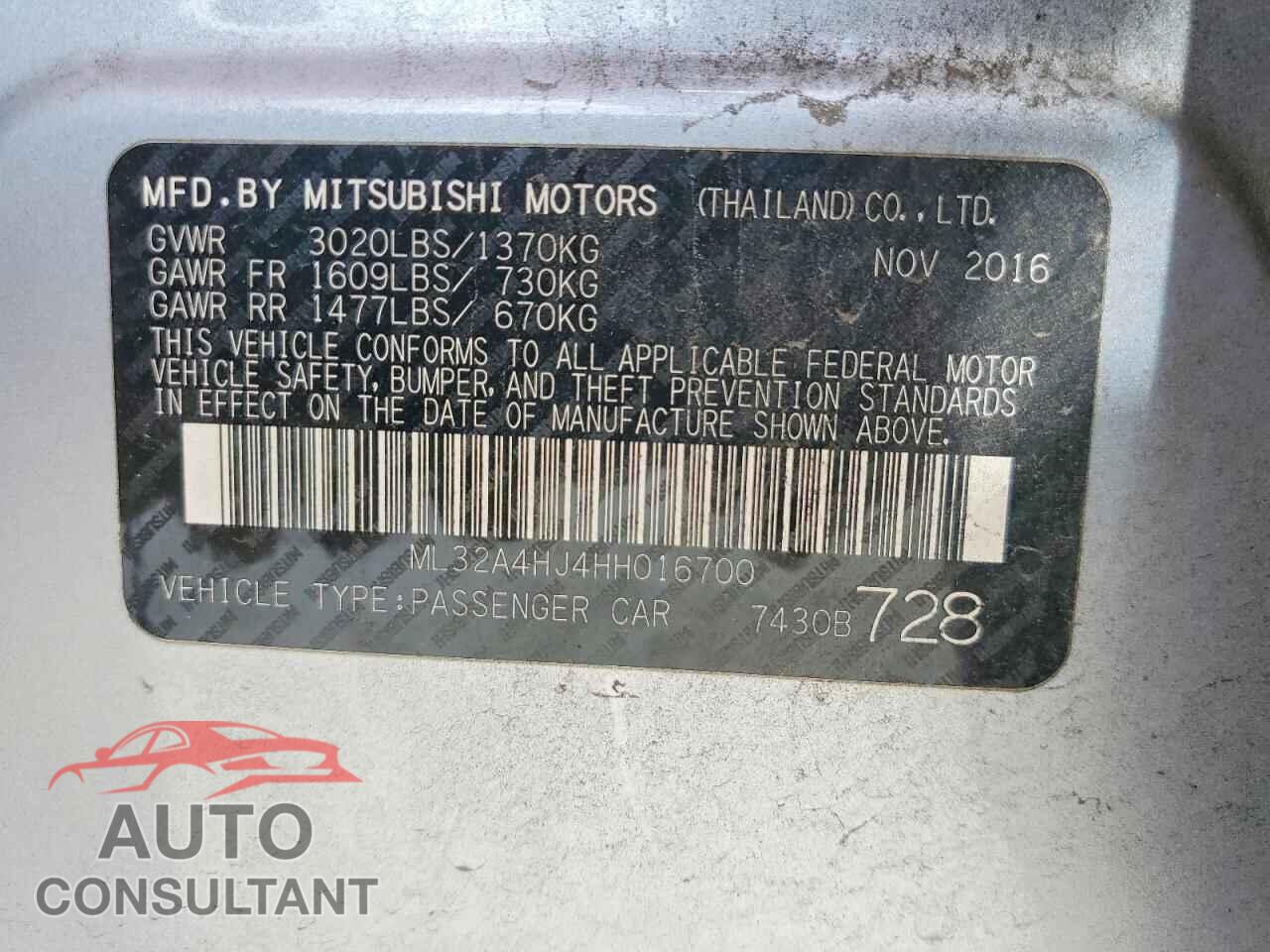 MITSUBISHI MIRAGE 2017 - ML32A4HJ4HH016700