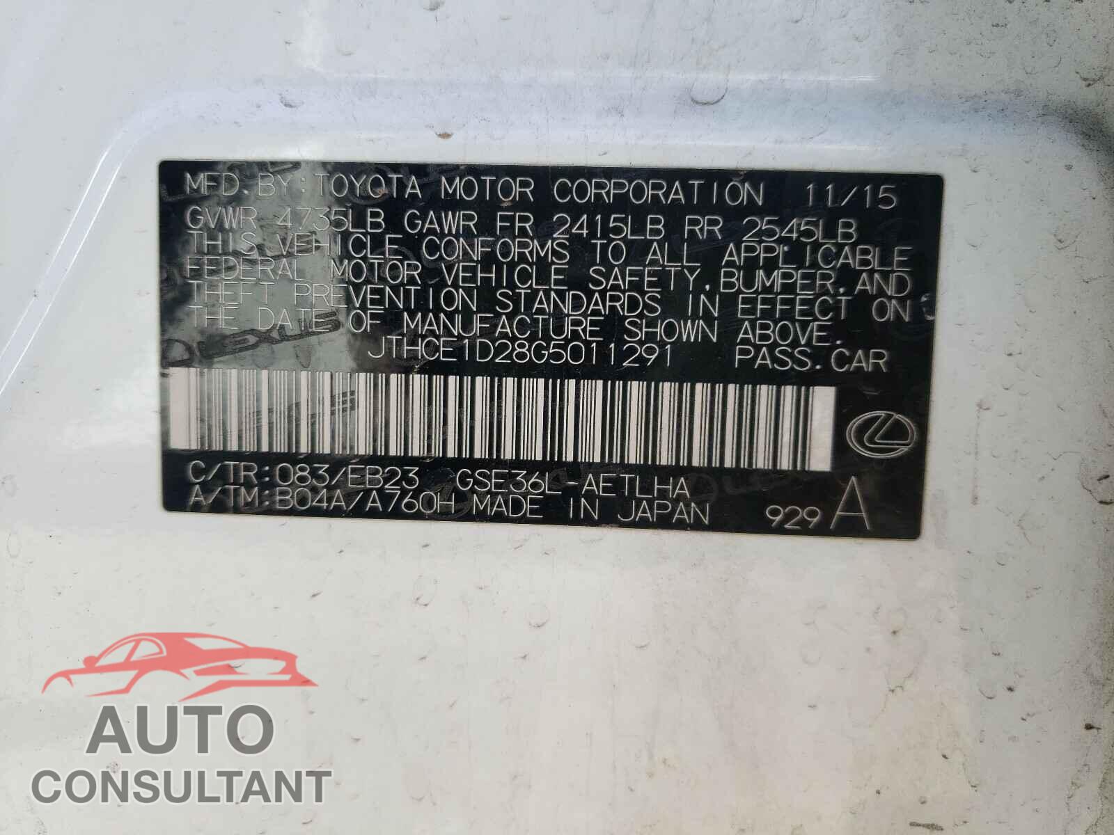 LEXUS IS 2016 - JTHCE1D28G5011291