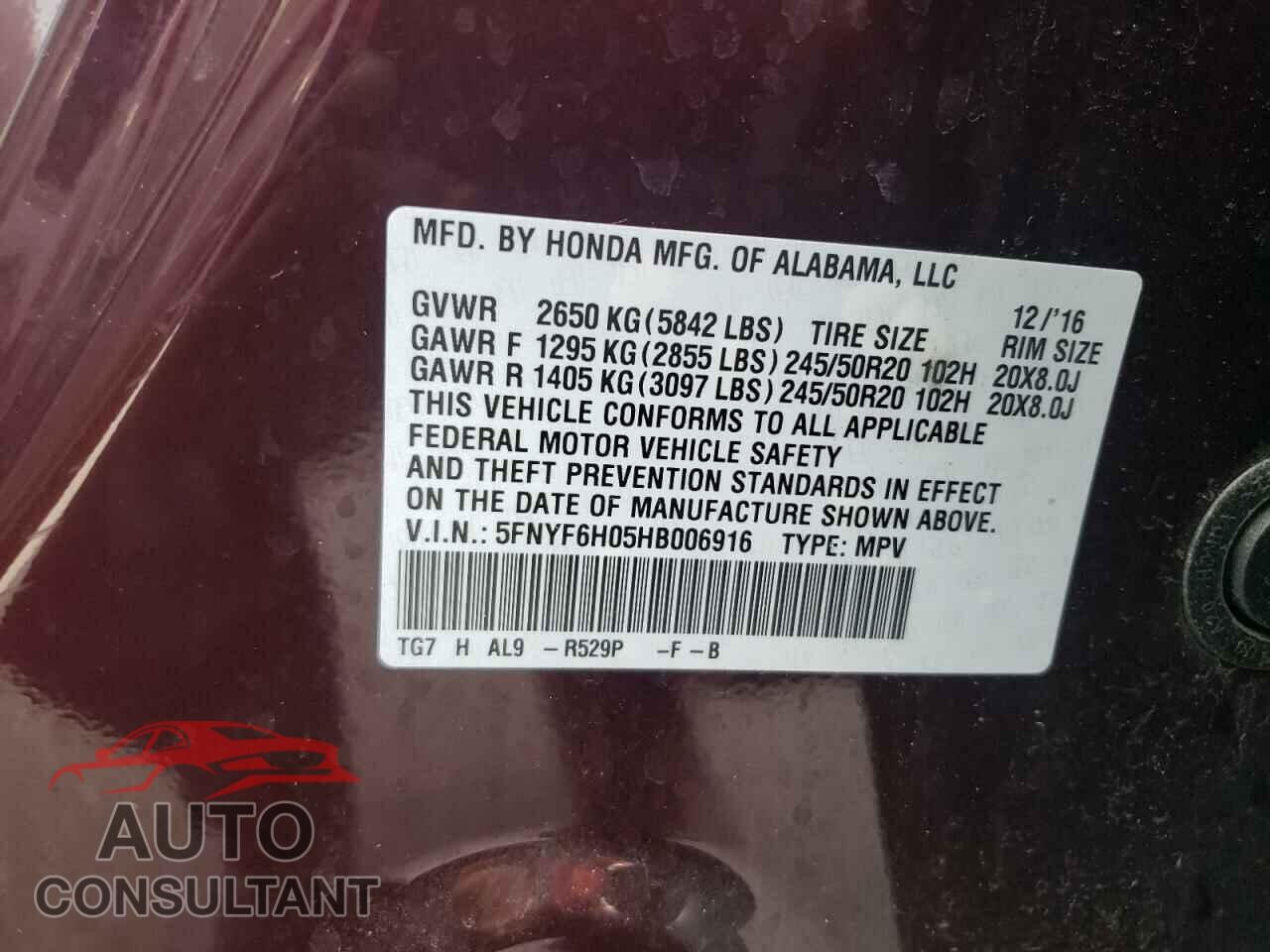 HONDA PILOT 2017 - 5FNYF6H05HB006916