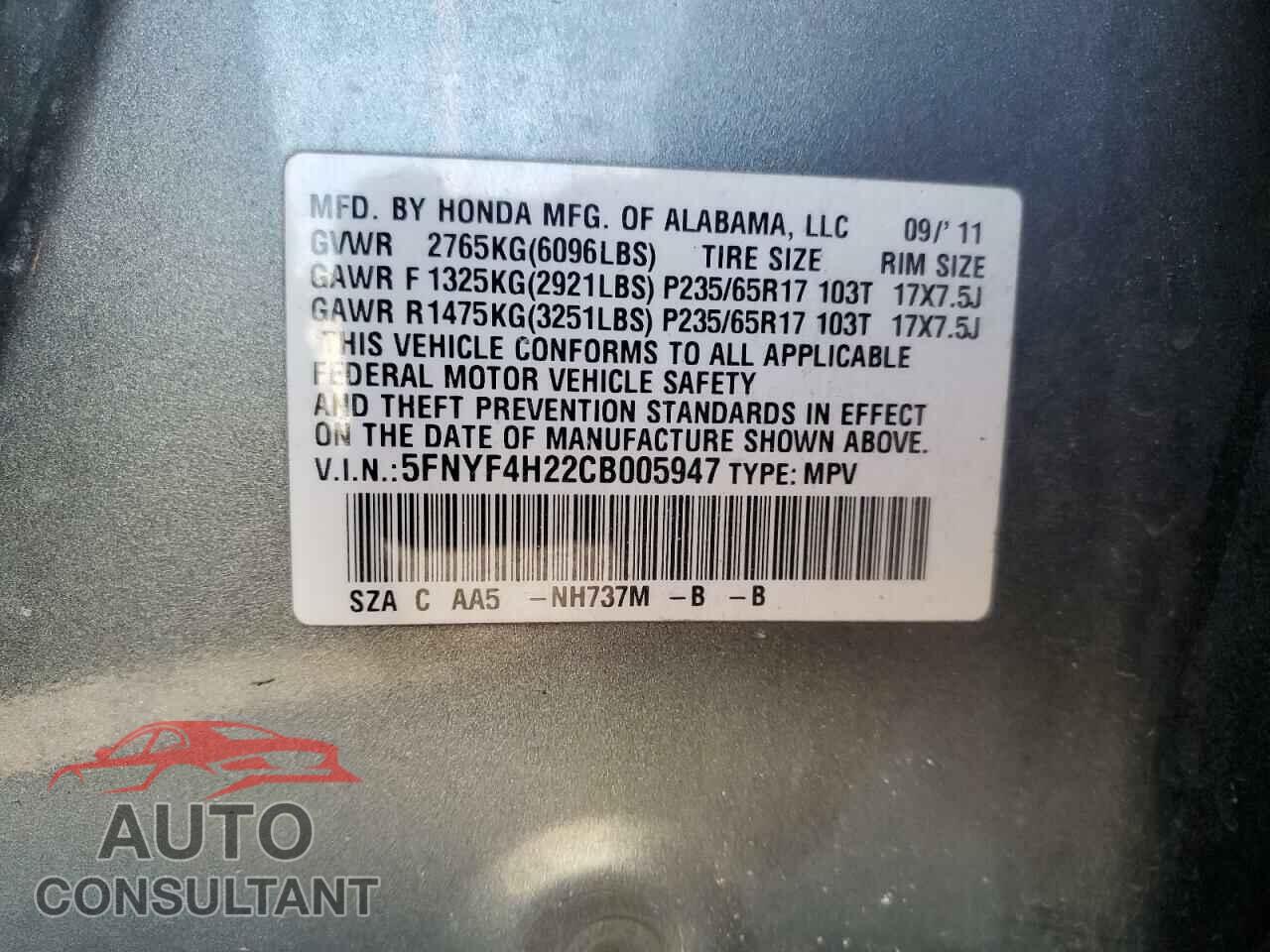 HONDA PILOT 2012 - 5FNYF4H22CB005947