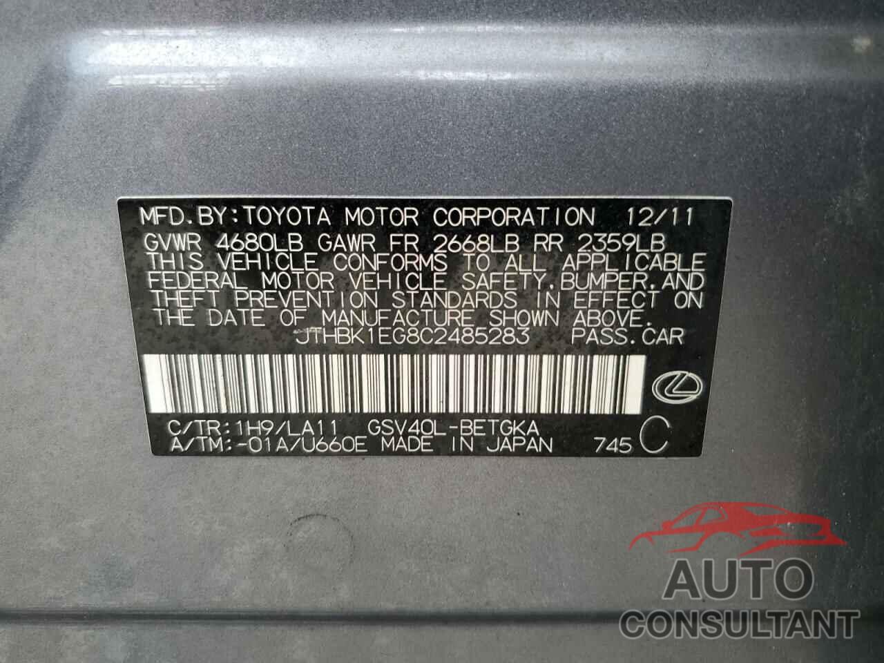 LEXUS ES350 2012 - JTHBK1EG8C2485283