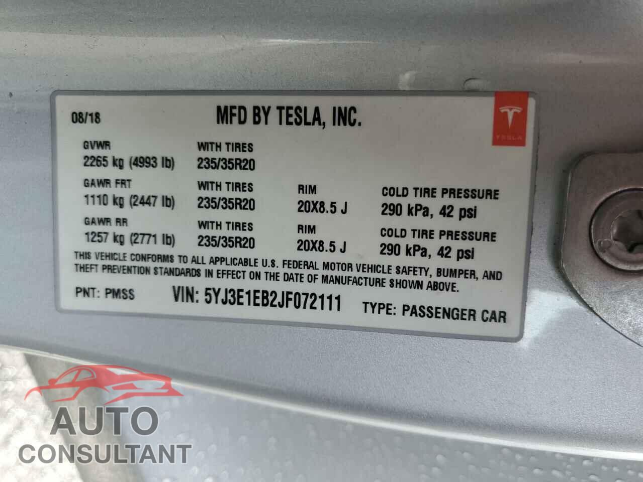 TESLA MODEL 3 2018 - 5YJ3E1EB2JF072111