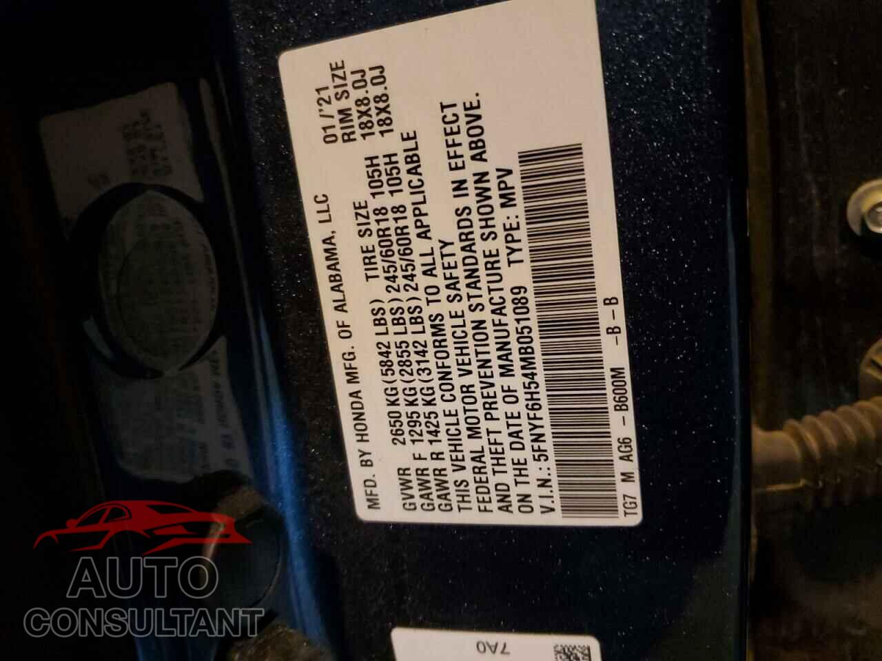 HONDA PILOT 2021 - 5FNYF6H54MB051089