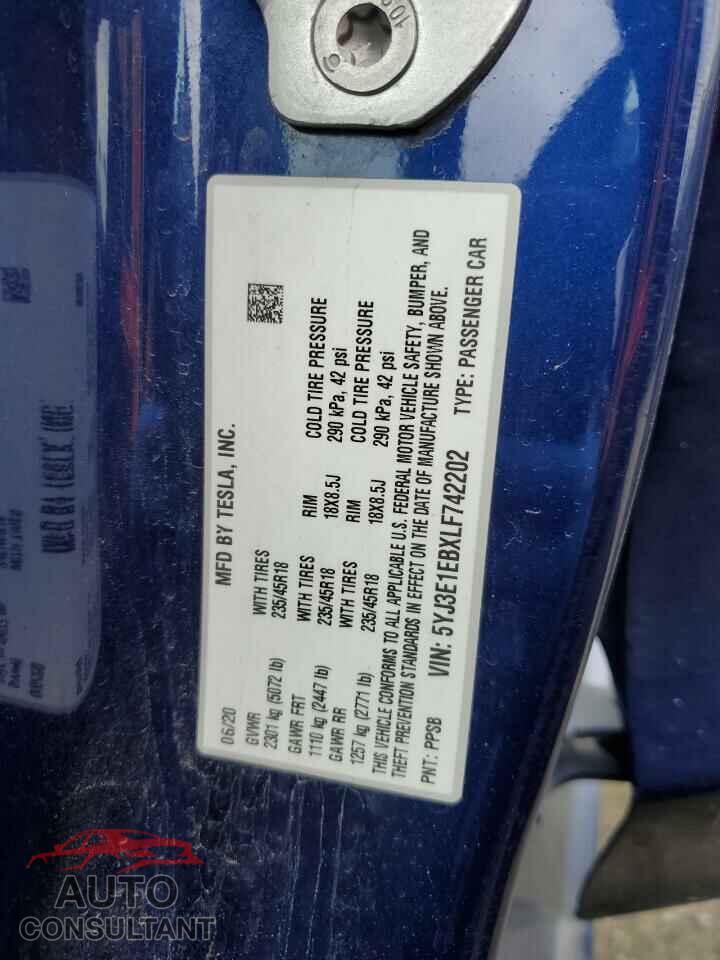TESLA MODEL 3 2020 - 5YJ3E1EBXLF742202