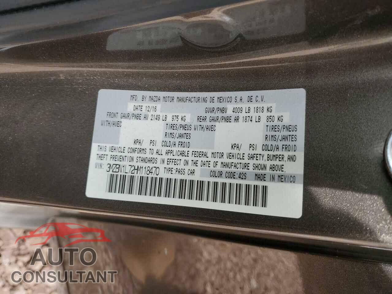 MAZDA 3 2017 - 3MZBN1L72HM118470