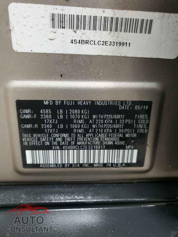 SUBARU OUTBACK 2014 - 4S4BRCLC2E3319911