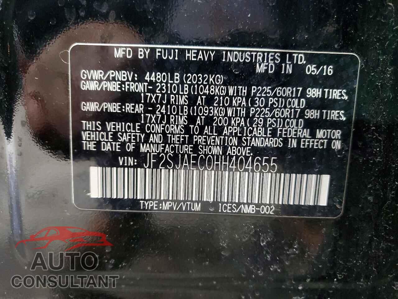 SUBARU FORESTER 2017 - JF2SJAEC0HH404655