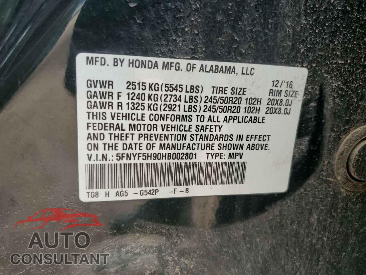 HONDA PILOT 2017 - 5FNYF5H90HB002801