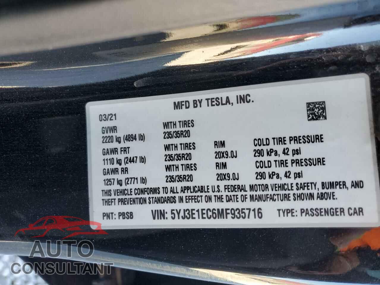 TESLA MODEL 3 2021 - 5YJ3E1EC6MF935716