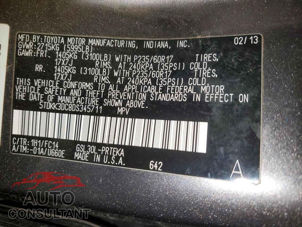 TOYOTA SIENNA 2013 - 5TDKK3DC8DS345711