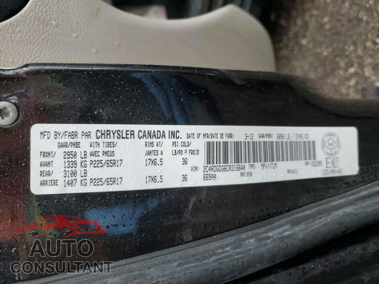 DODGE CARAVAN 2012 - 2C4RDGDG6CR316640