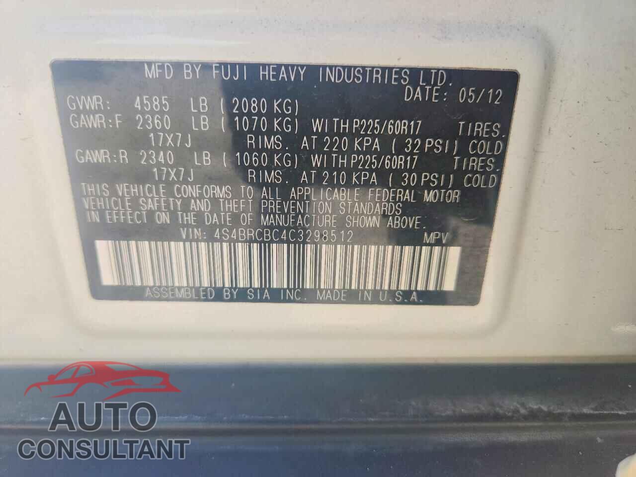 SUBARU OUTBACK 2012 - 4S4BRCBC4C3298512