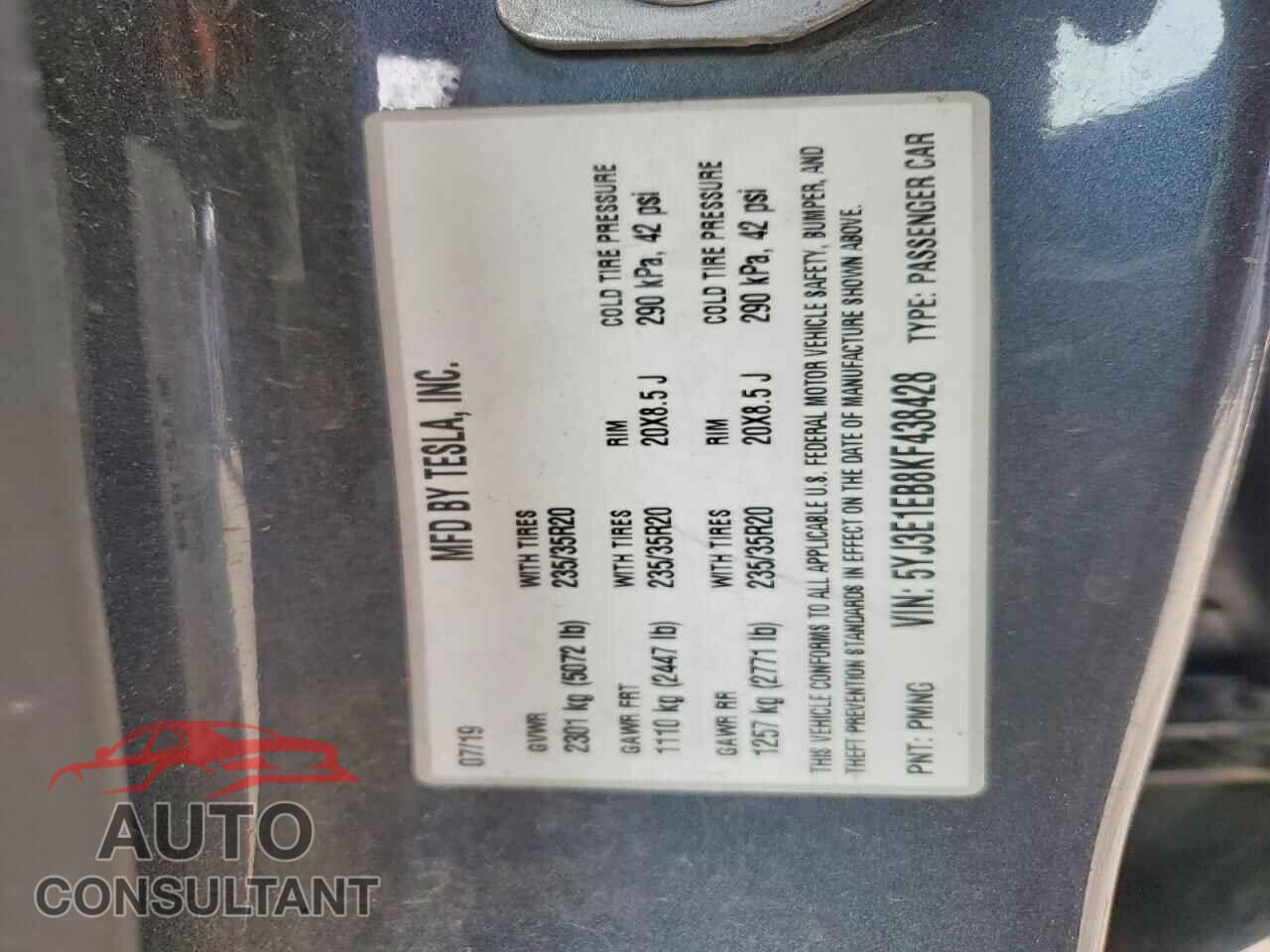 TESLA MODEL 3 2019 - 5YJ3E1EB8KF438428