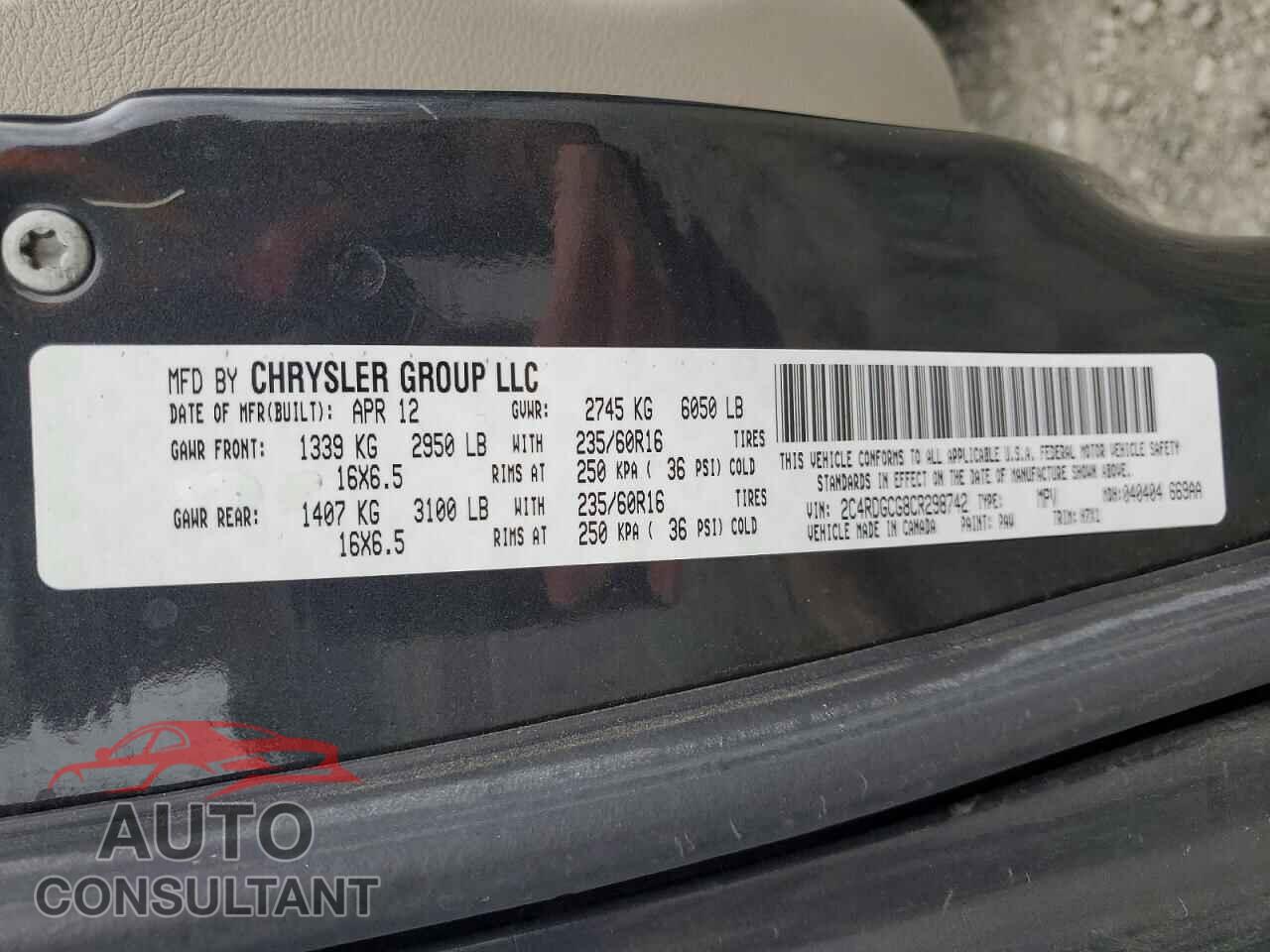 DODGE CARAVAN 2012 - 2C4RDGCG8CR298742